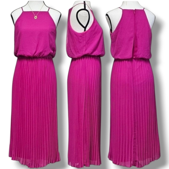 SAM EDELMAN | CHIFFON PLEATED SLEEVELESS MIDI DRESS- FUCHSIA PINK - Picture 2 of 16